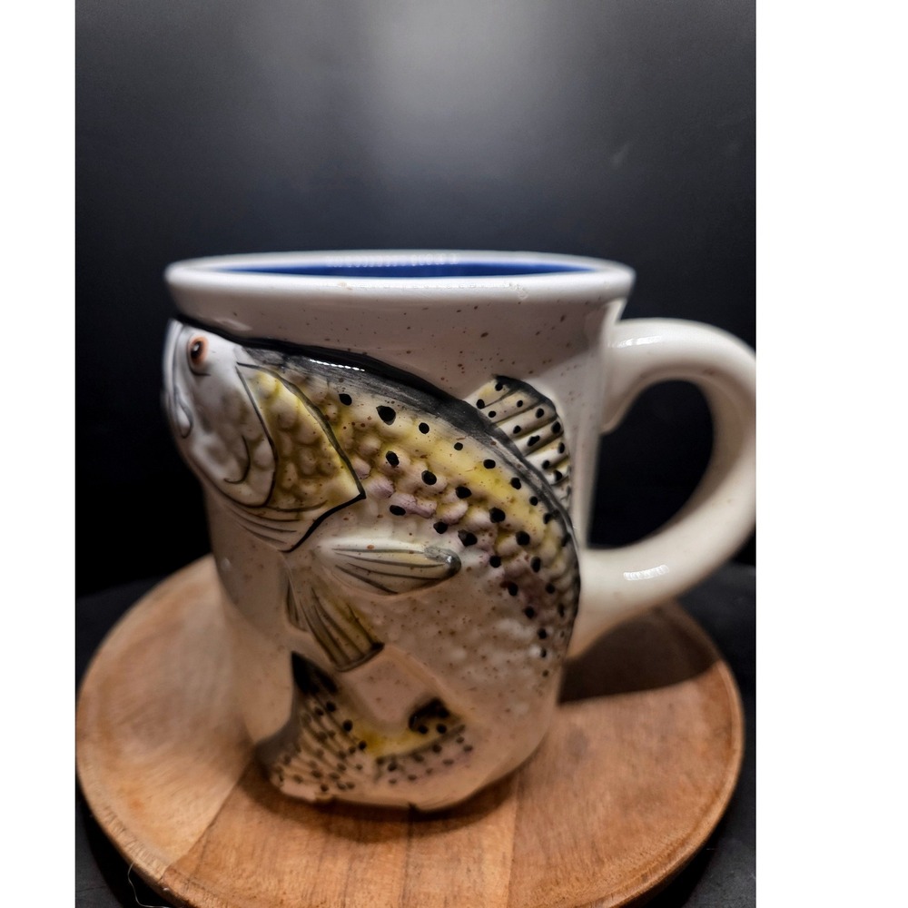 Russ 3D Trout Flying Fish Coffee Mug Cream Blue Speckled Rustic Cabin Outdoors
